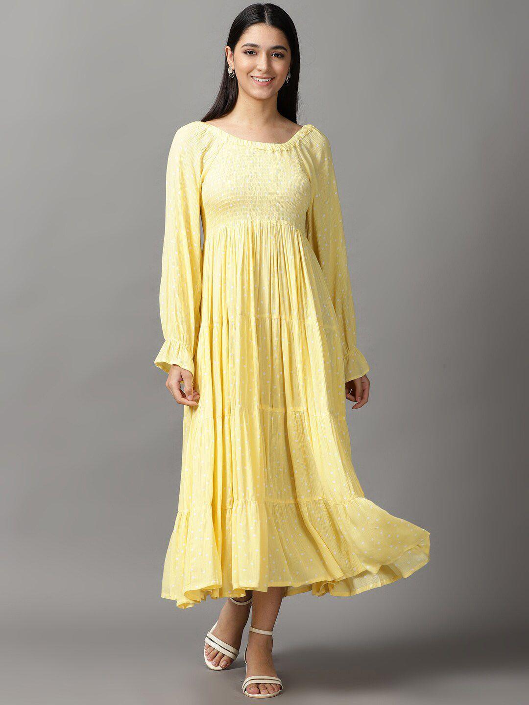 SHOWOFF Women Yellow & White Polka Dots Maxi Dress