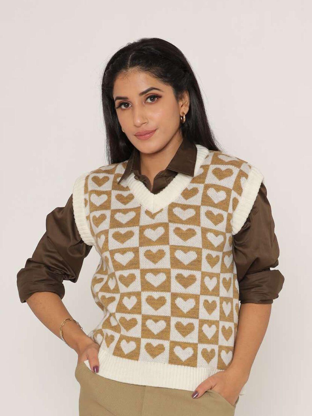 kasma-women-rust-&-white-graphic-printed-sweater-vest