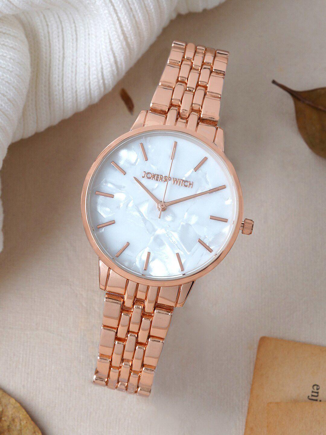 joker-&-witch-women-white-printed-dial-&-rose-gold-toned-bracelet-style-straps-analogue-watch
