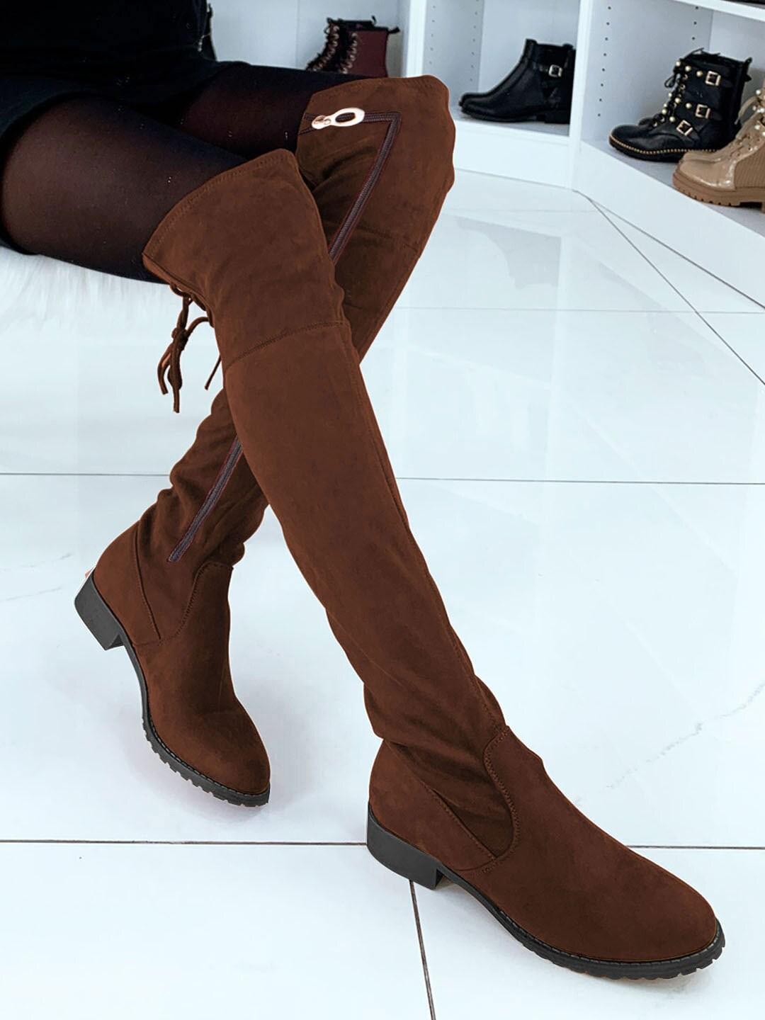 Shoetopia Girl Brown Solid Casual Block- Heeled Regular Boots