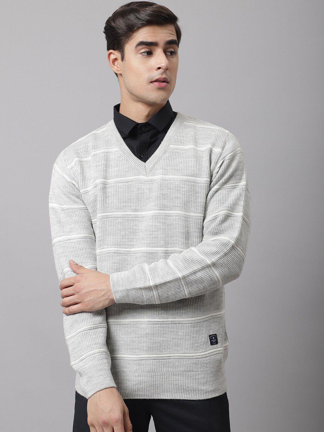 cantabil-men-grey-melange-&-white-striped-v-neck-pullover