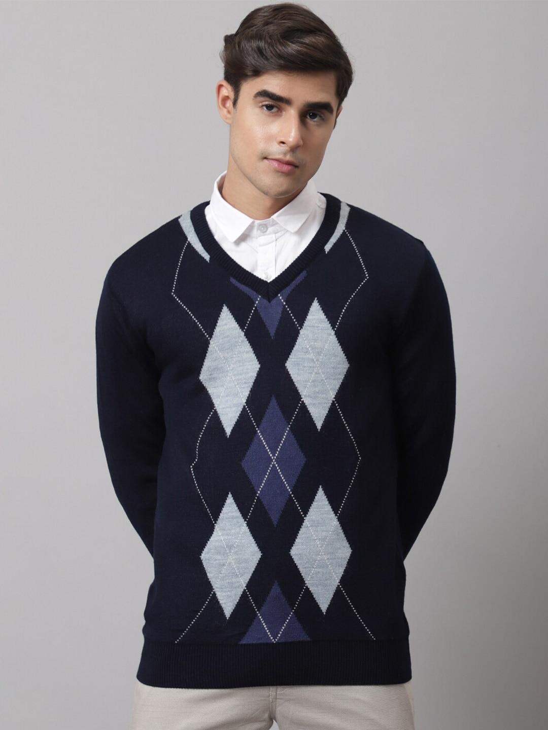 cantabil-men-navy-blue-&-grey-printed-pullover