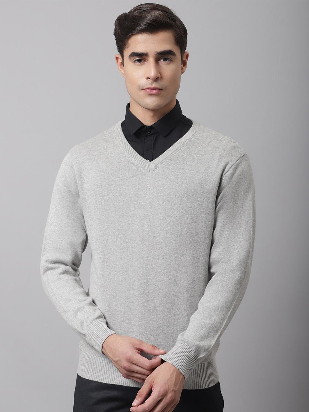 Cantabil Men Grey Solid V-Neck Pullover