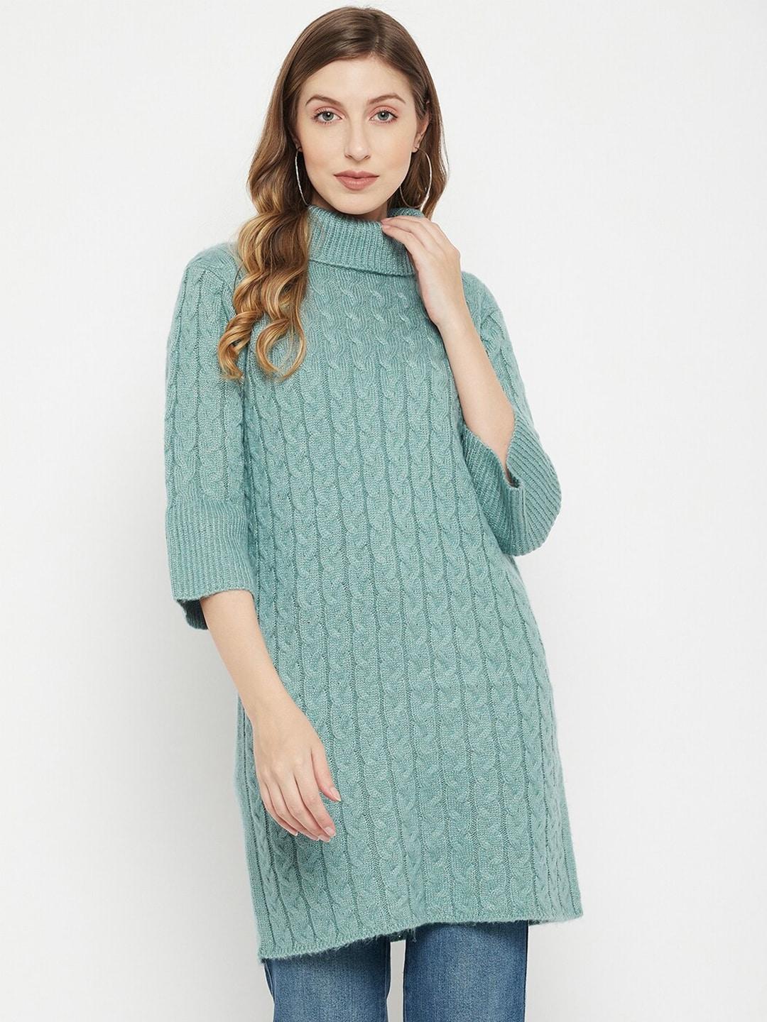Madame Women Blue Acrylic Cable Knit Longline Pullover
