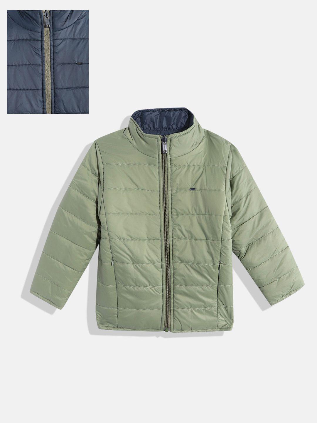 Okane Boys Olive Green Solid Mock Collar Reversible Padded Jacket