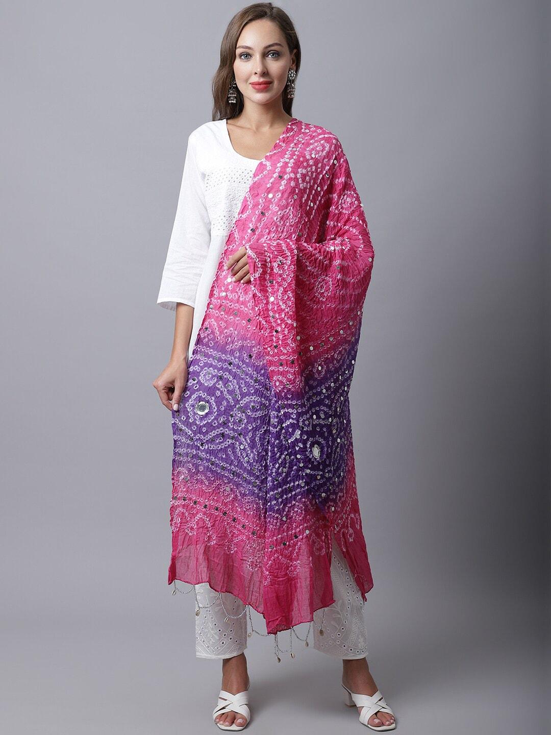 soundarya-women-pink-&-violet-printed-pure-cotton-bandhani-dupatta-with-mirror-work