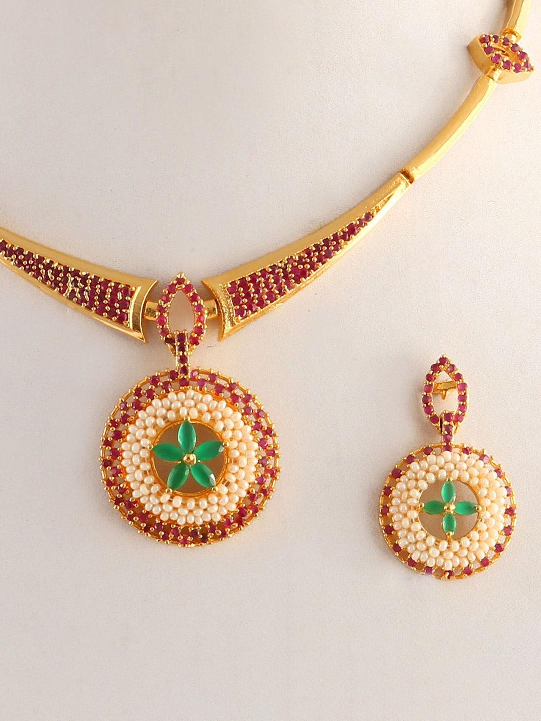 Jewar Mandi Gold-Plated Red Stone & Pearl Studded Jewellery Set