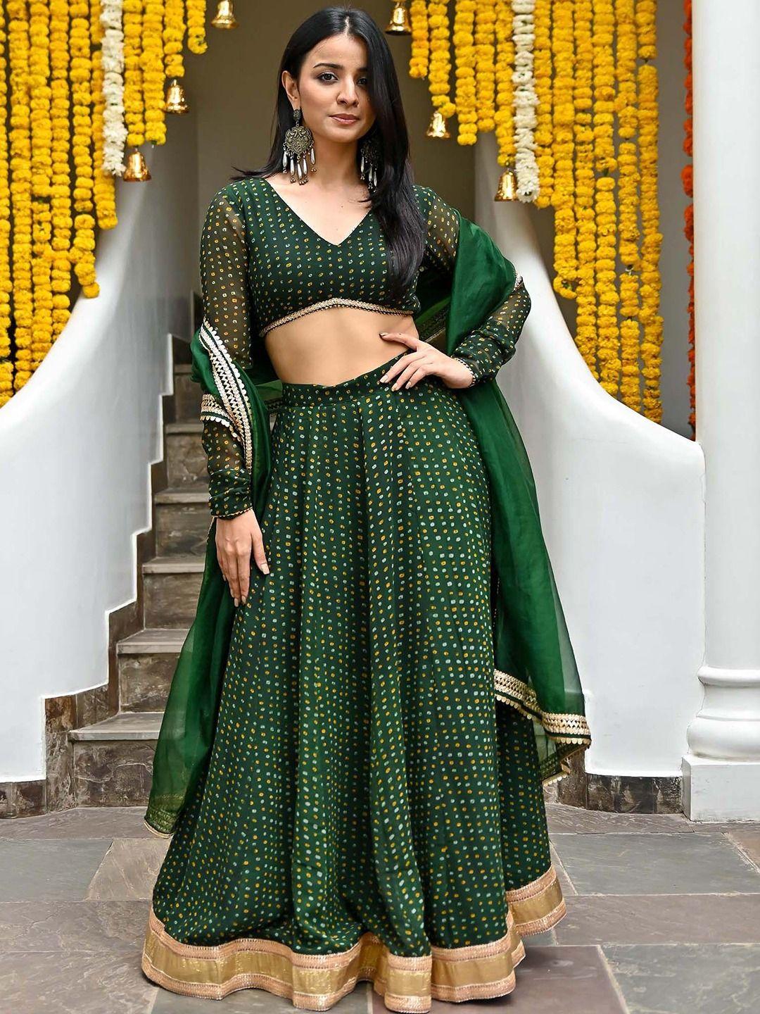 Lavanya The Label Green & Gold-Toned Printed Ready to Wear Lehenga & Blouse With Dupatta