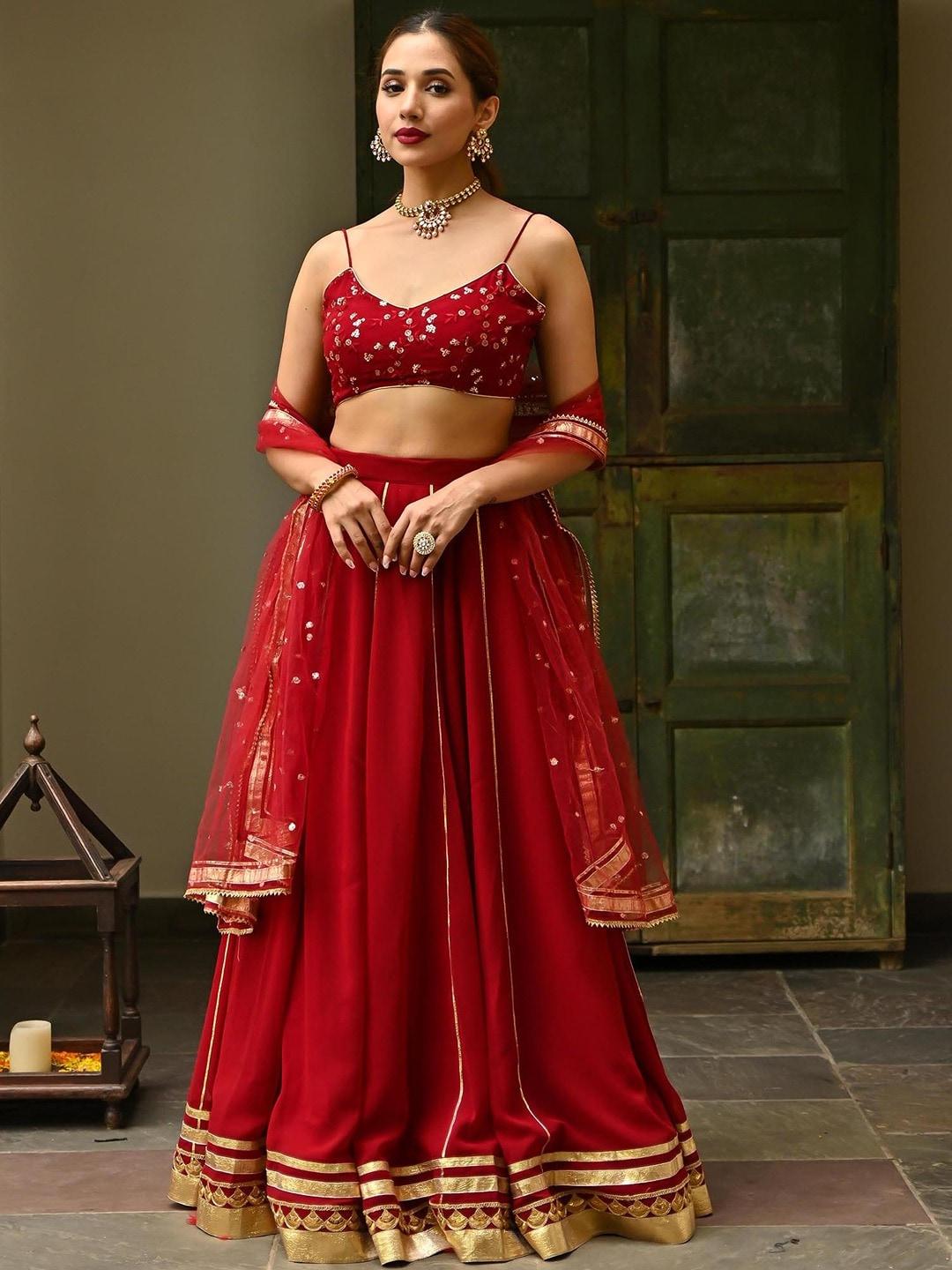 Lavanya The Label Maroon & Gold-Toned Embroidered Thread Work Ready to Wear Lehenga & Blouse With Dupatta