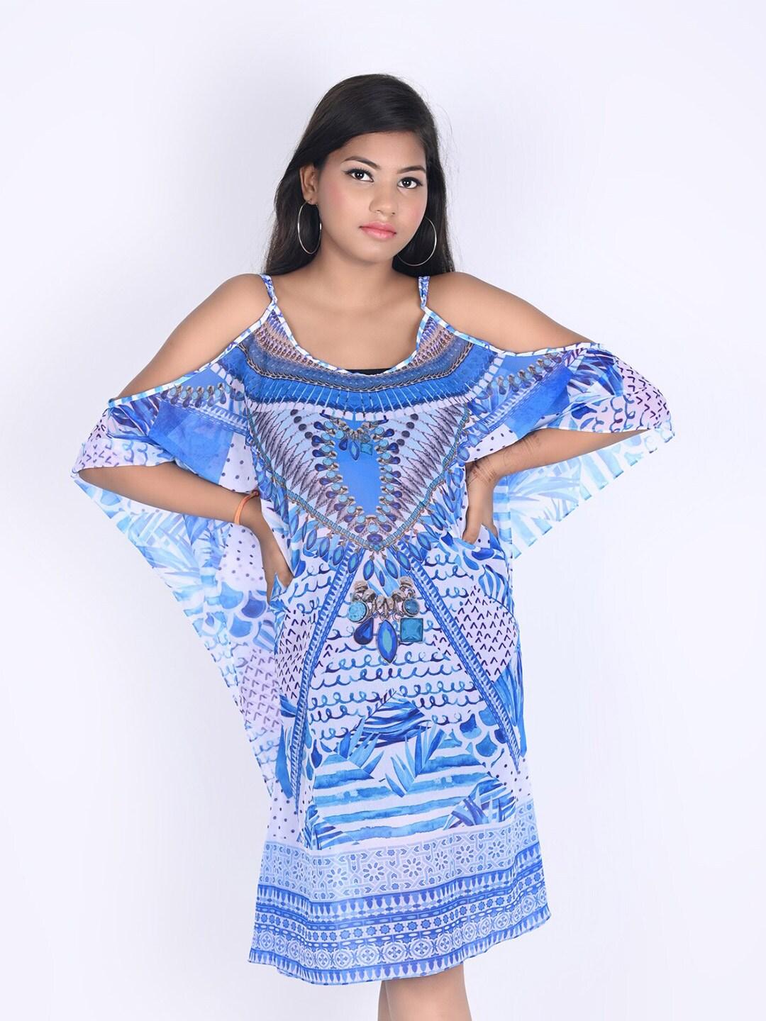 Rajoria Instyle Blue & White Georgette Ethnic Kaftan Dress