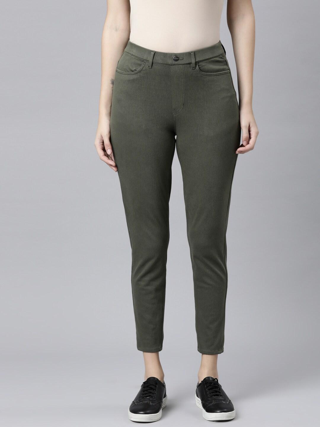 go-colors-women-olive-green-cotton-solid-slim-fit-jeggings
