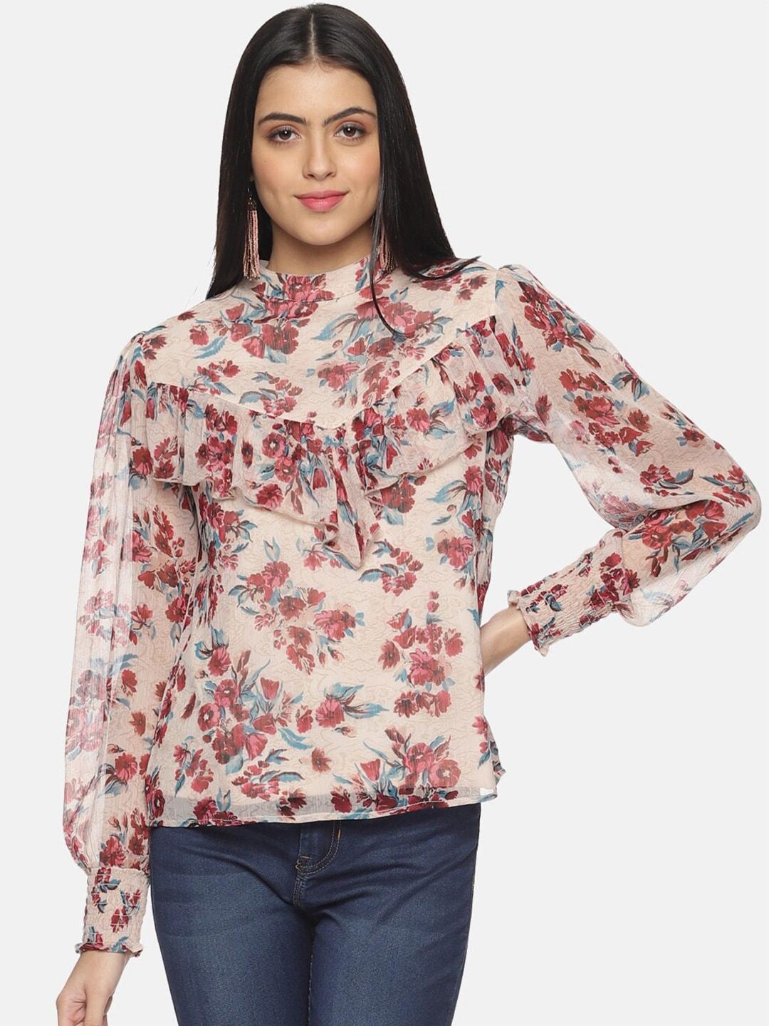 HERE&NOW White & Red Floral Printed Ruffles Chiffon Top