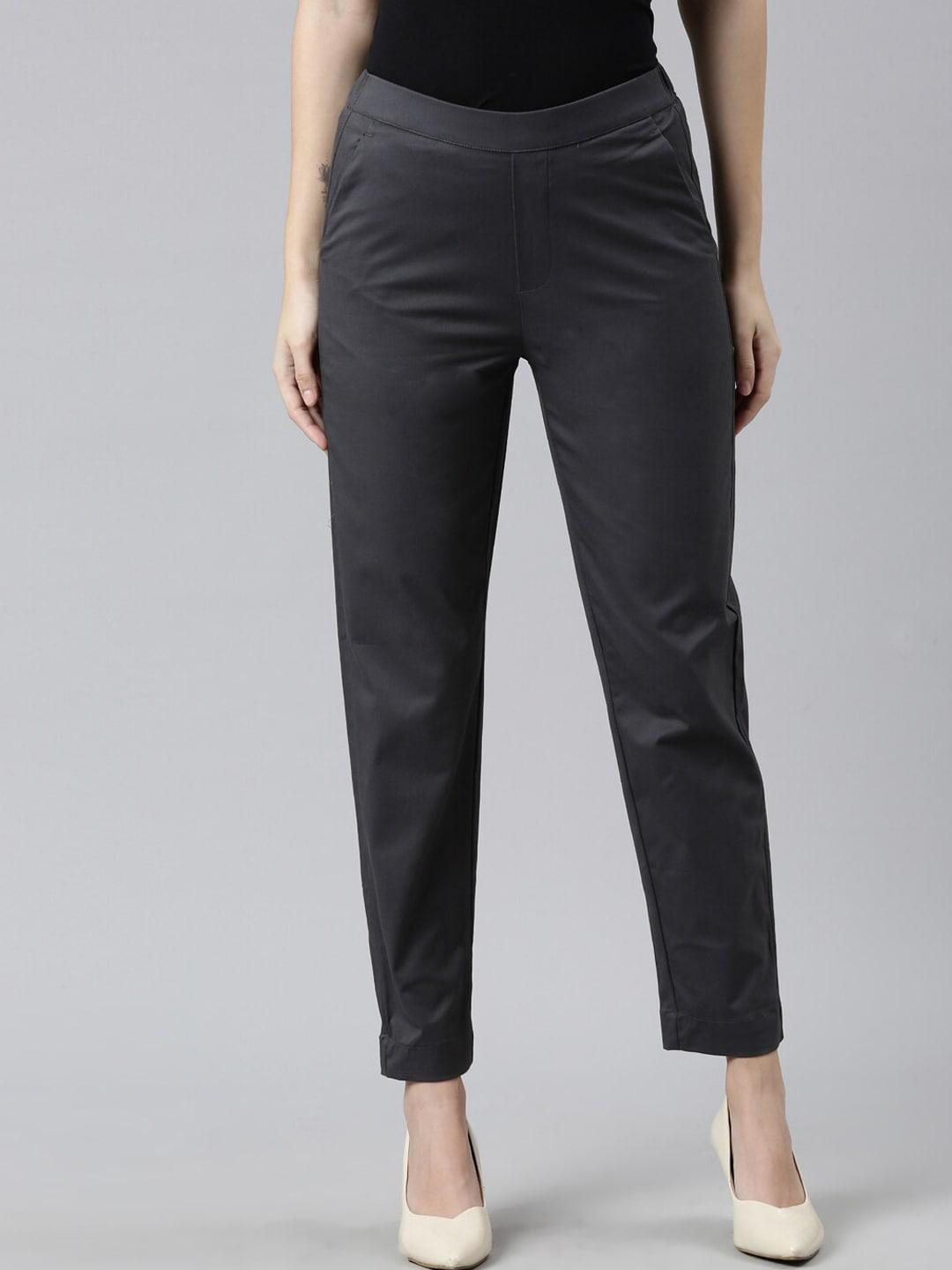 Go Colors Women Grey Cotton Straight Fit Formal Trousers