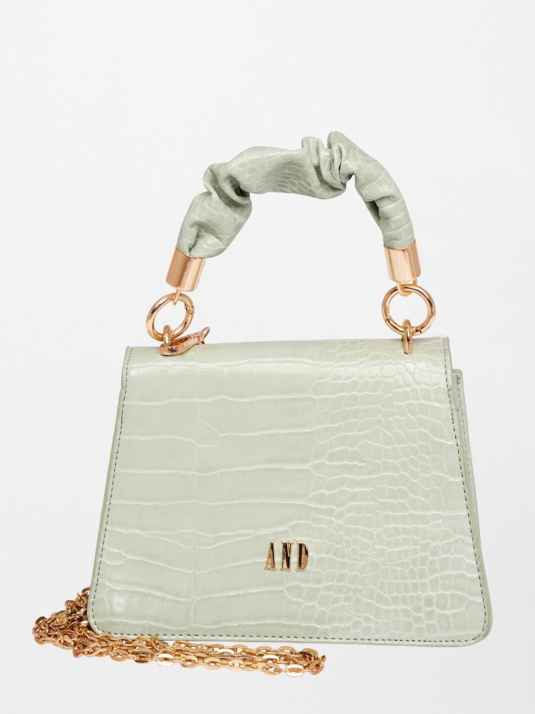 AND Women Sea Green Textured PU Structured Handheld Bag