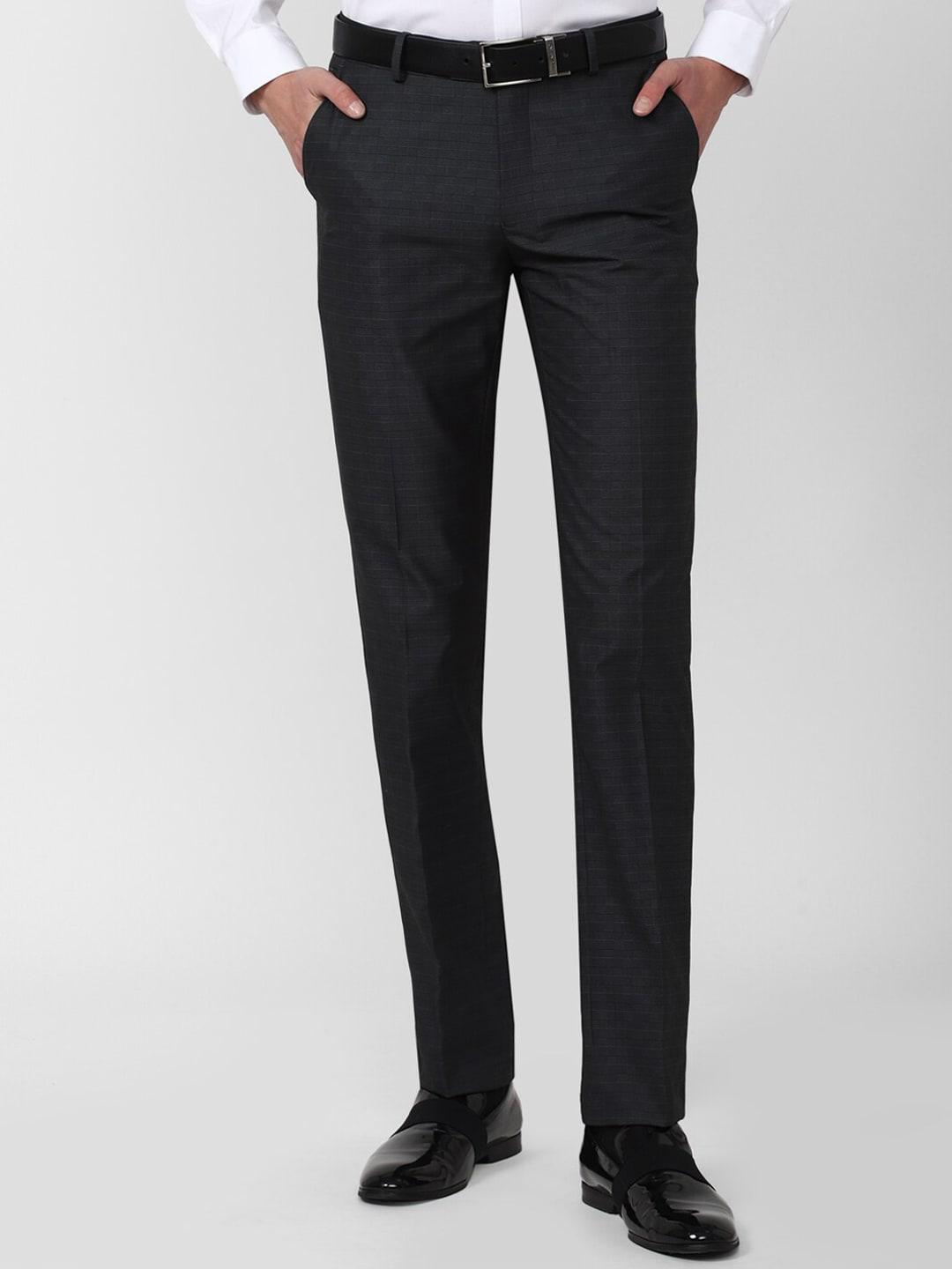 Peter England Men Black Checked Slim Fit Trousers