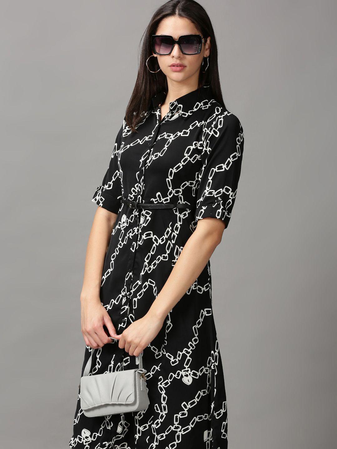 SHOWOFF Women Black & White Shirt Midi Dress