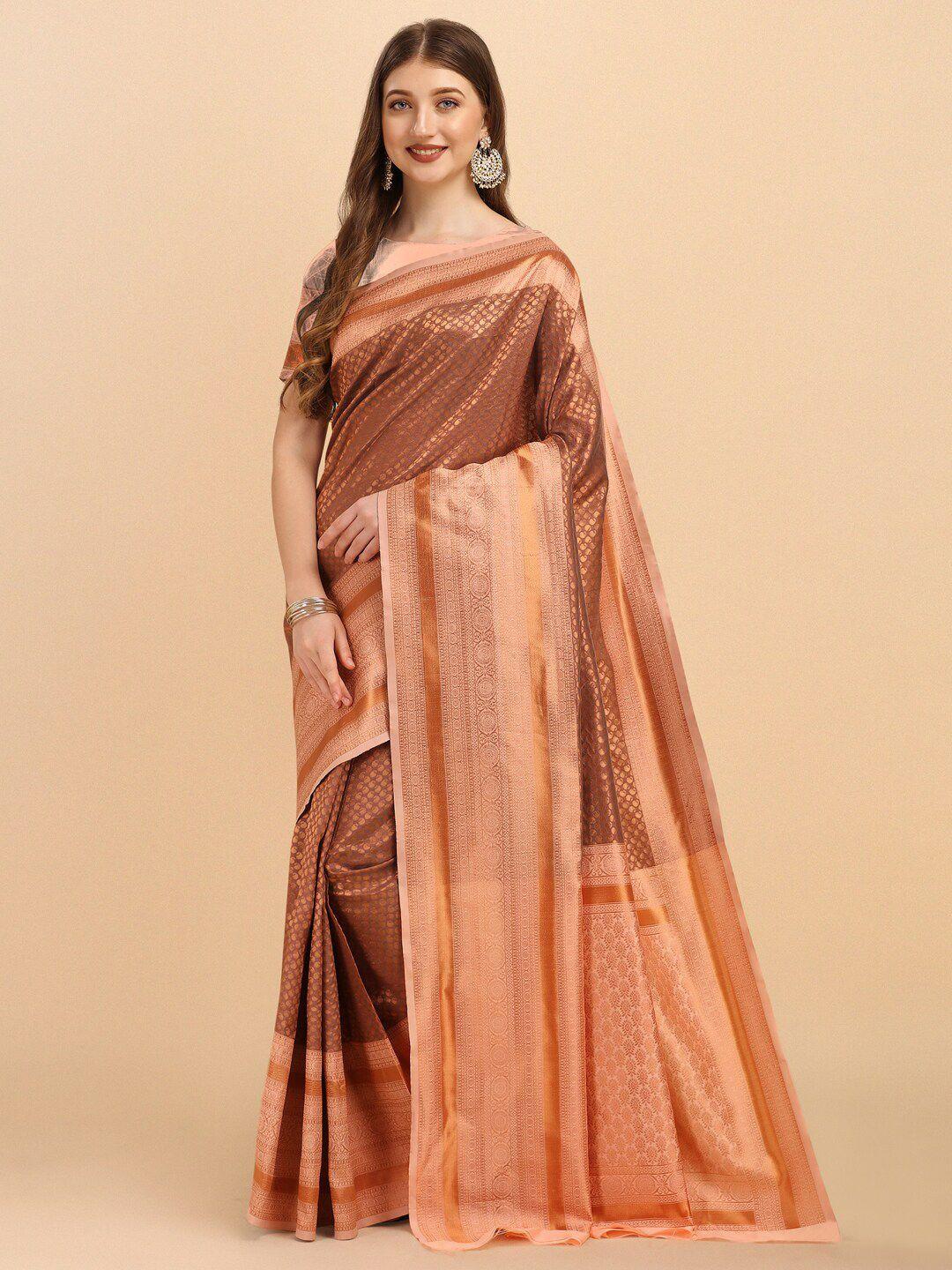 BESUCHER Brown & Peach-Coloured Woven Design Zari Art Silk Kanjeevaram Saree