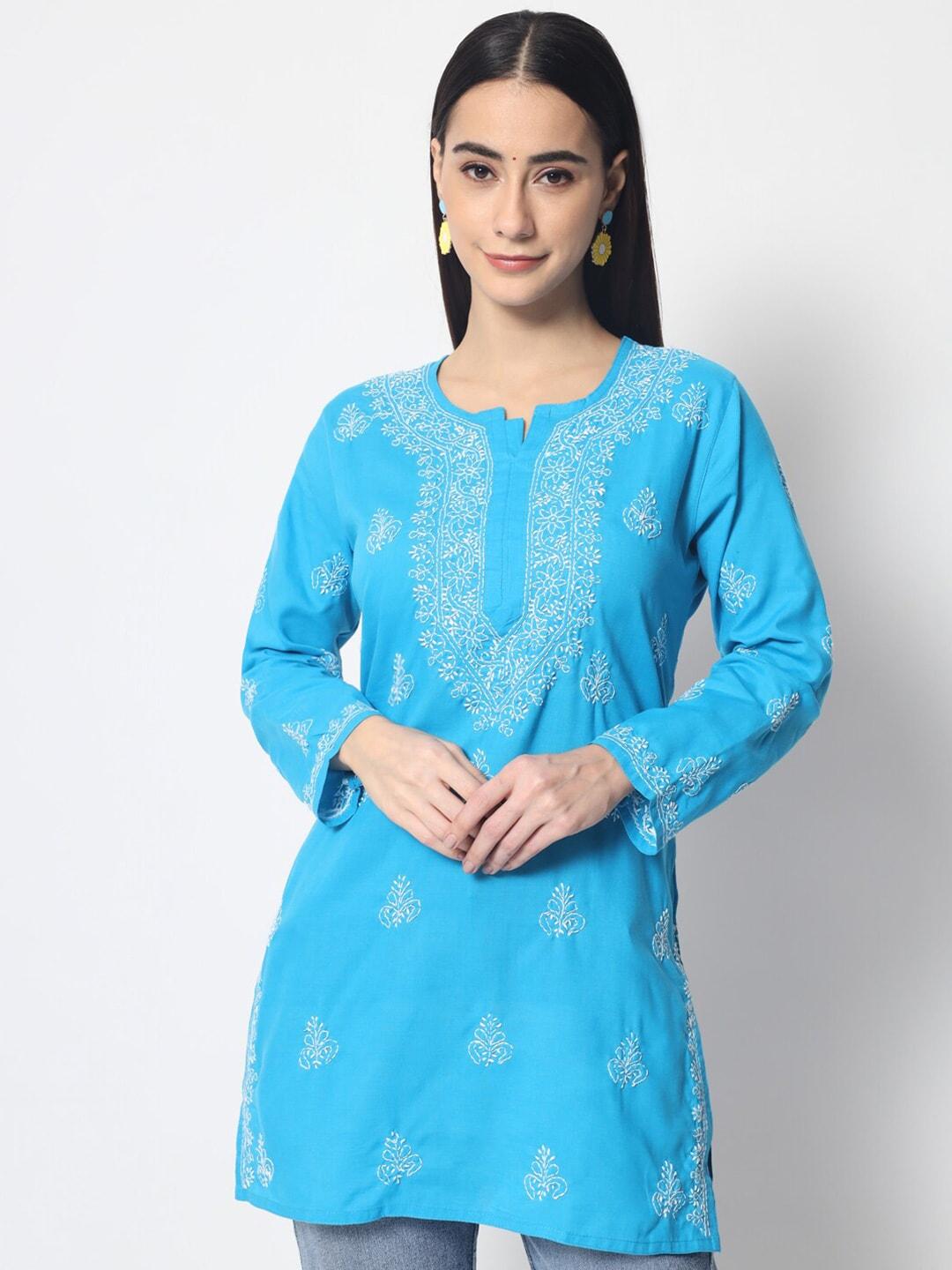 paramount-chikan-blue-ethnic-motifs-embroidered-chikankari-pure-cotton-kurti