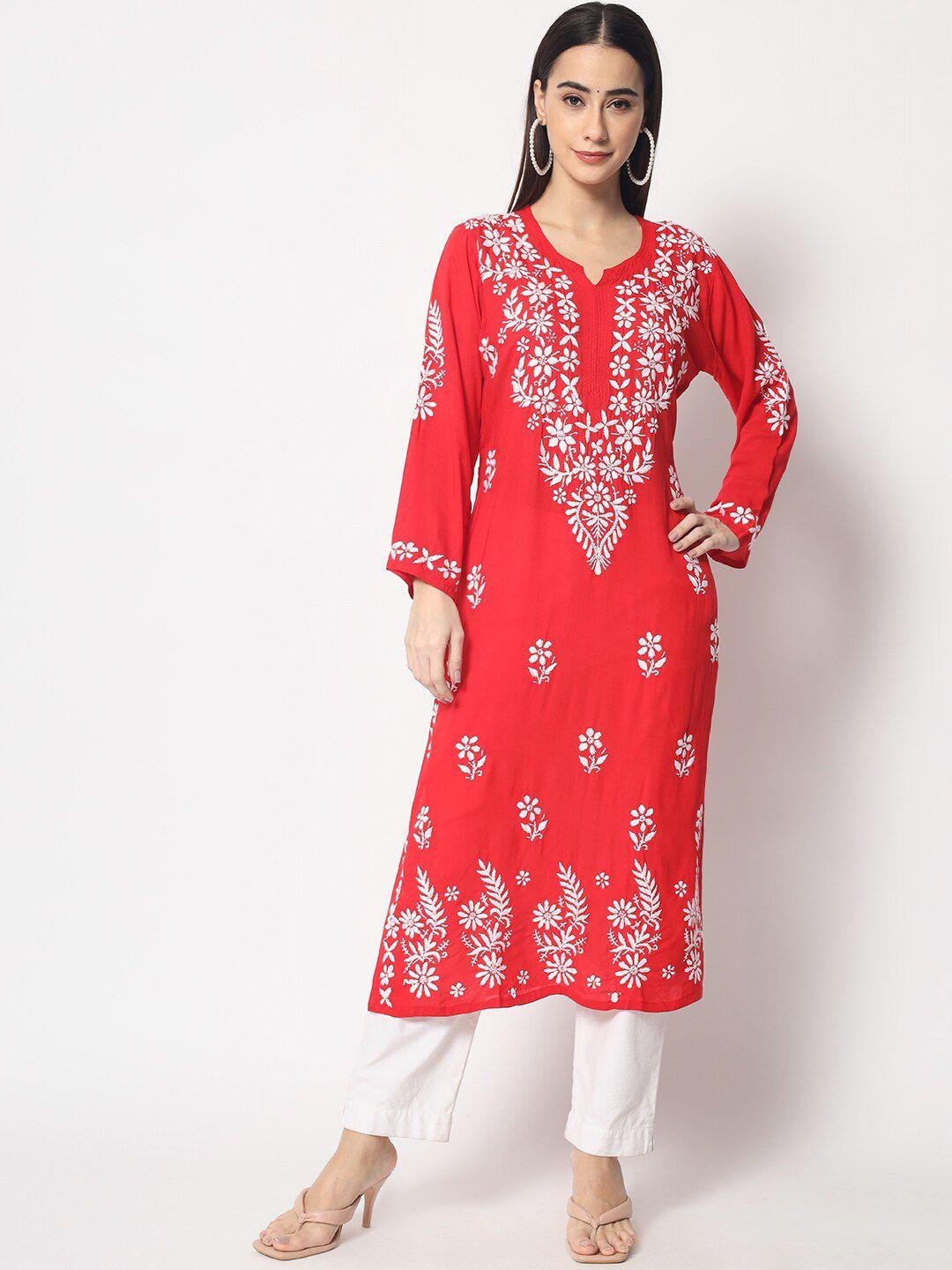 paramount-chikan-women-red-chikankari-hand-embroidered--modal-straight-kurta