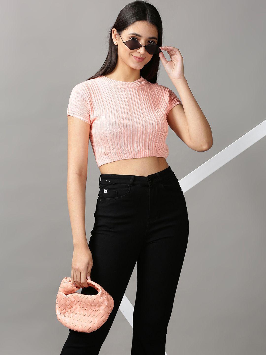 SHOWOFF Women Pink Striped Lace Crop Top