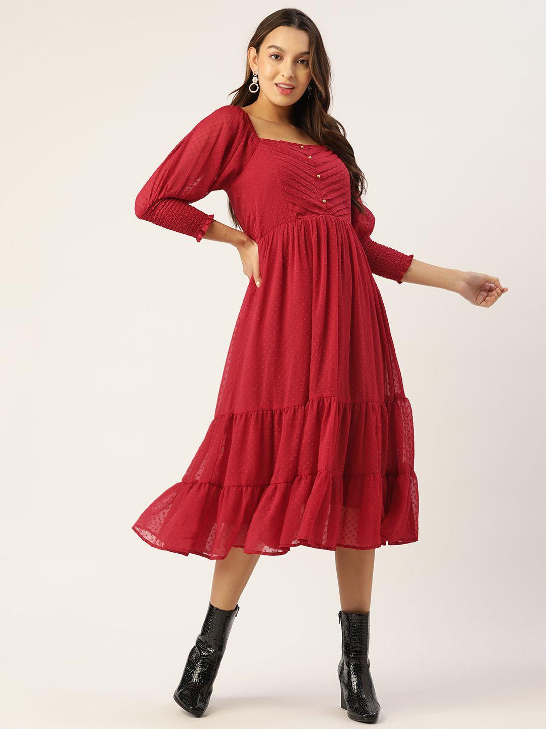 Antheaa Red Chiffon A-Line Midi Dress
