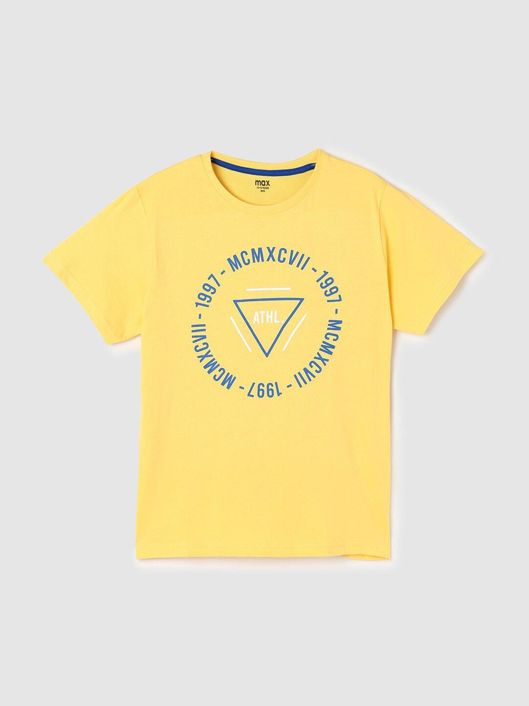 max Boys Yellow Typography Printed Pure Cotton T-shirt