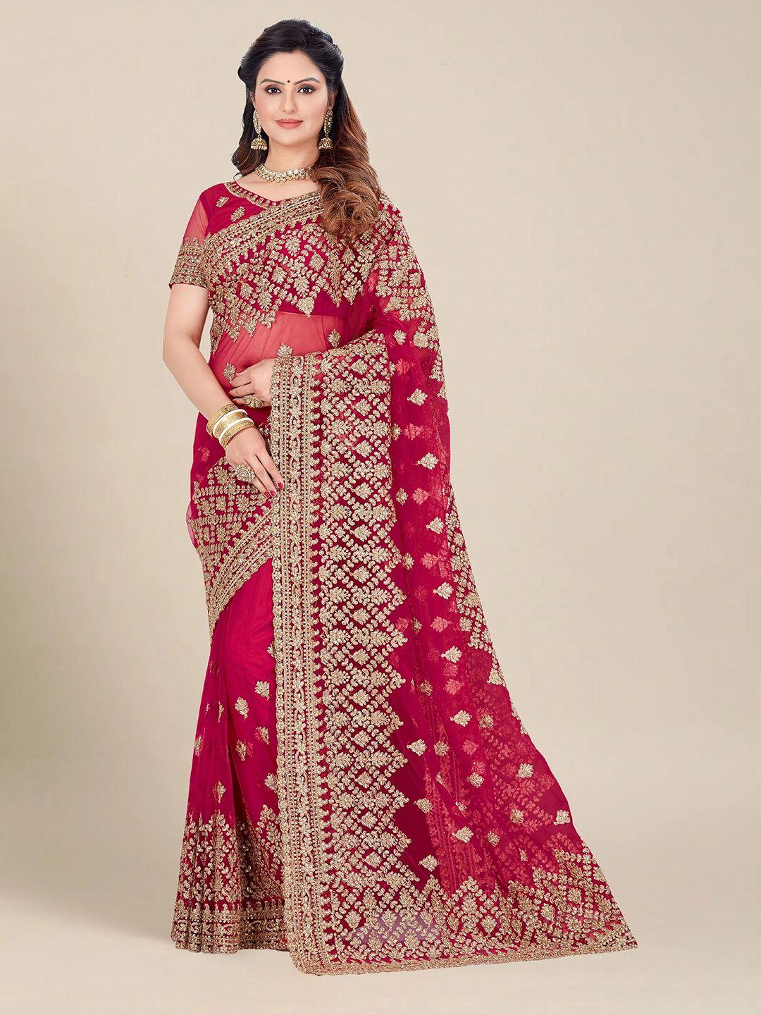 MS RETAIL Pink & Gold-Toned Floral Embroidered Net Heavy Work Saree