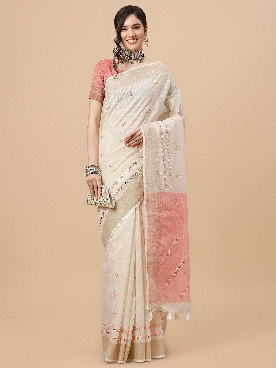 Mitera Off White & Pink Floral Embroidered Pure Linen Saree