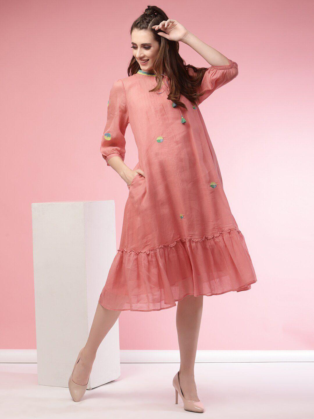 terquois-women-pink-keyhole-neck-a-line-midi-cotton-dress