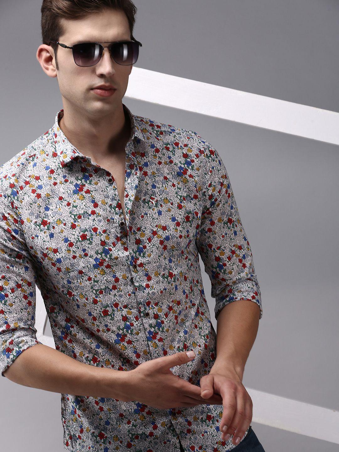 showoff-men-grey-&-red-comfort-floral-printed-cotton-casual-shirt