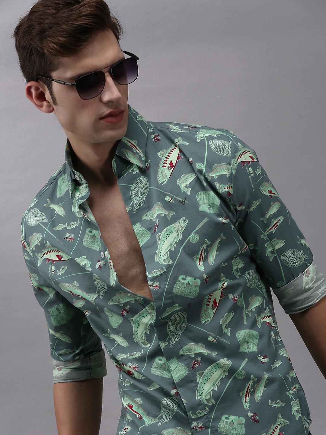 SHOWOFF Men Sea Green Comfort Printed Cotton Casual Shirt