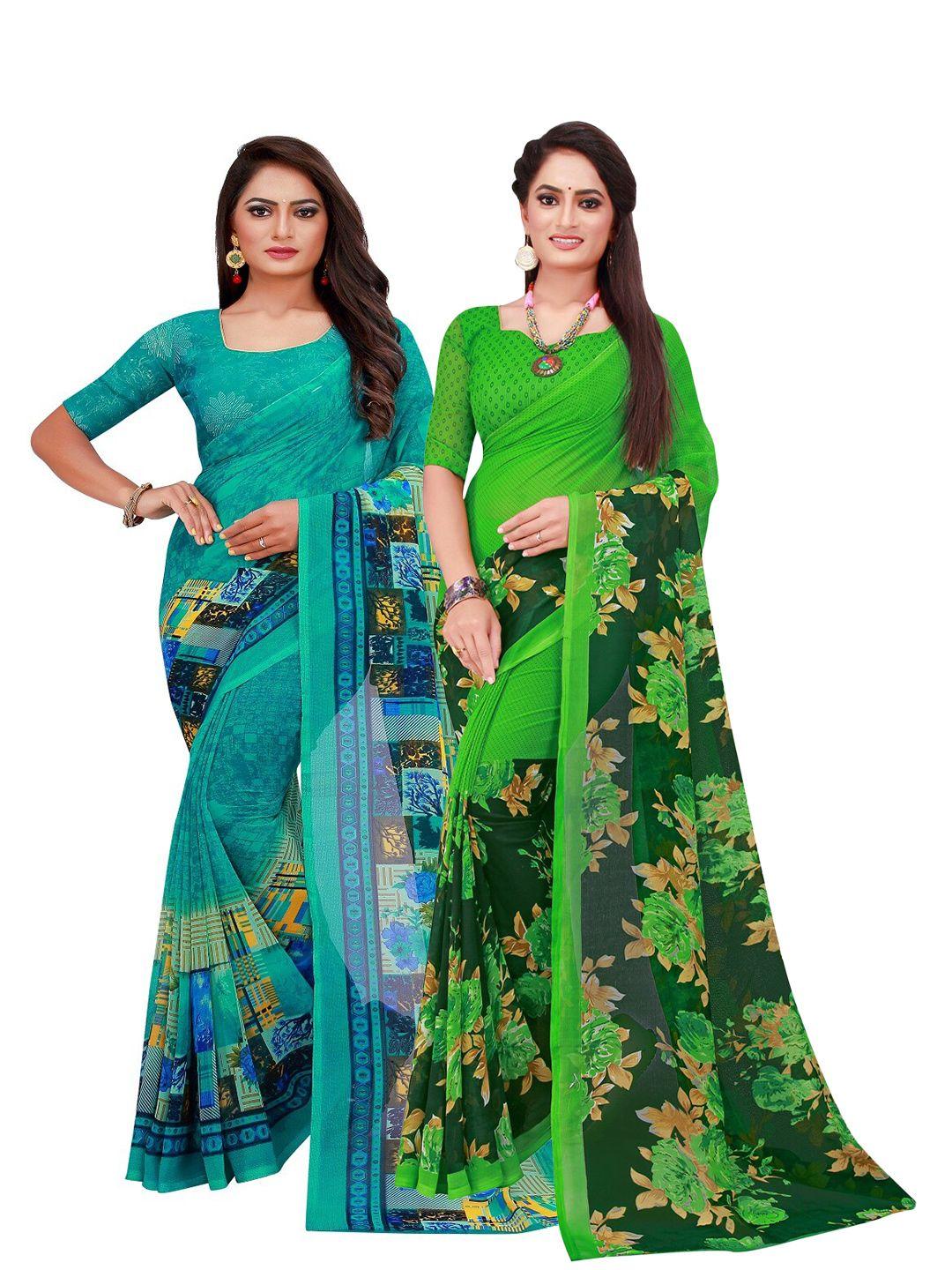 Silk Bazar Pack of 2Turquoise Blue & Green Pure Georgette Saree