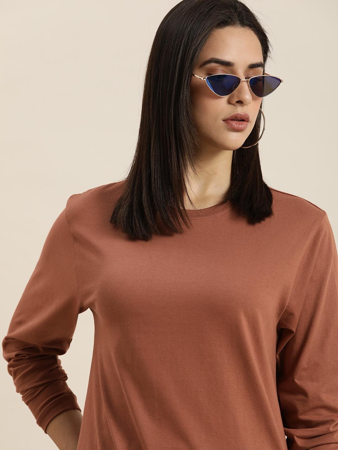 dillinger-women-brown-solid-cotton-oversized-t-shirt