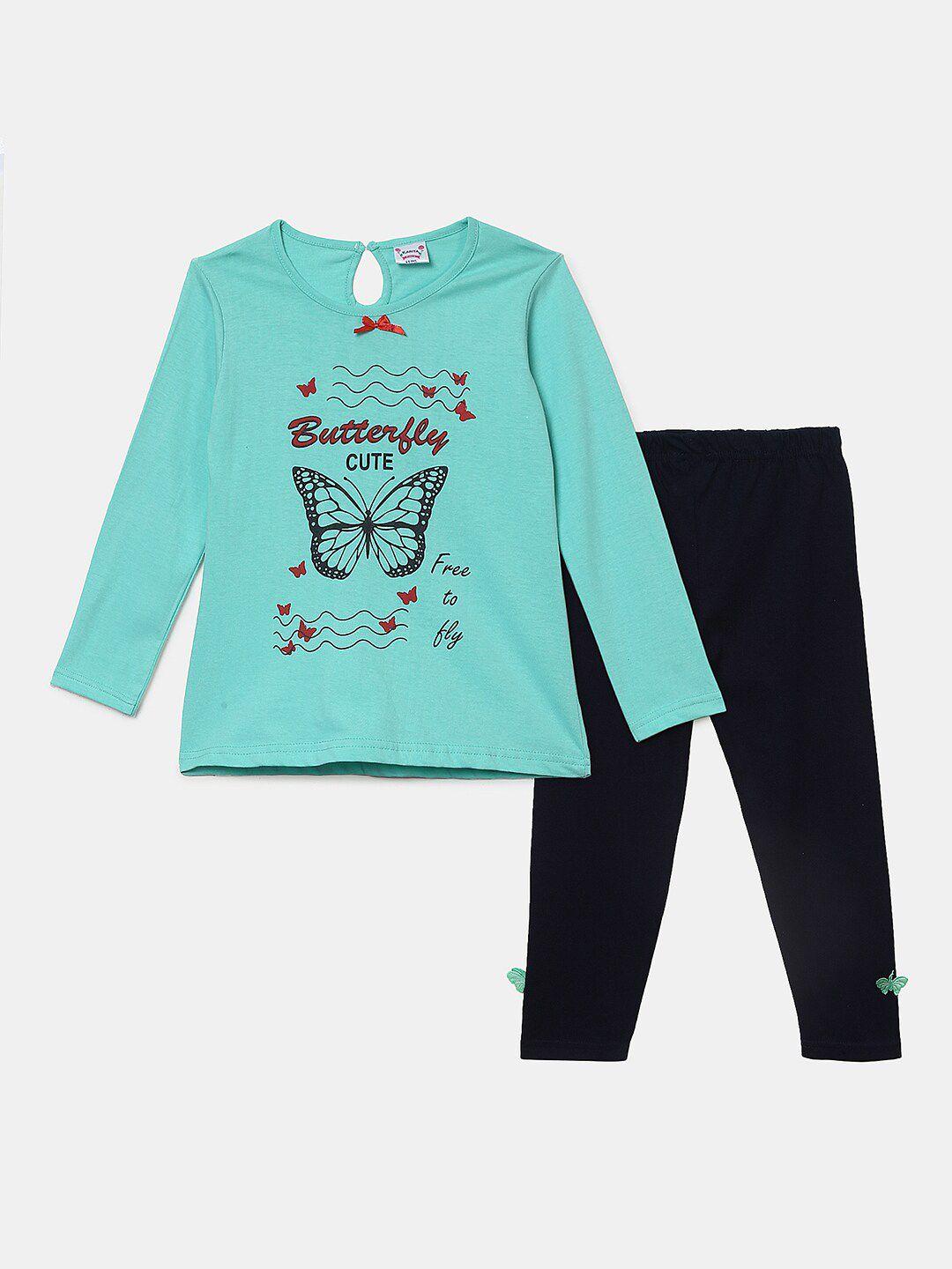 V-Mart Girls Sea Green & Black Printed Pure Cotton Top with Pyjamas