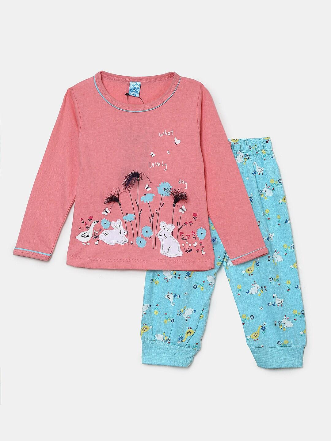 V-Mart Girls Pink & Blue Printed Pure Cotton Top with Pyjamas
