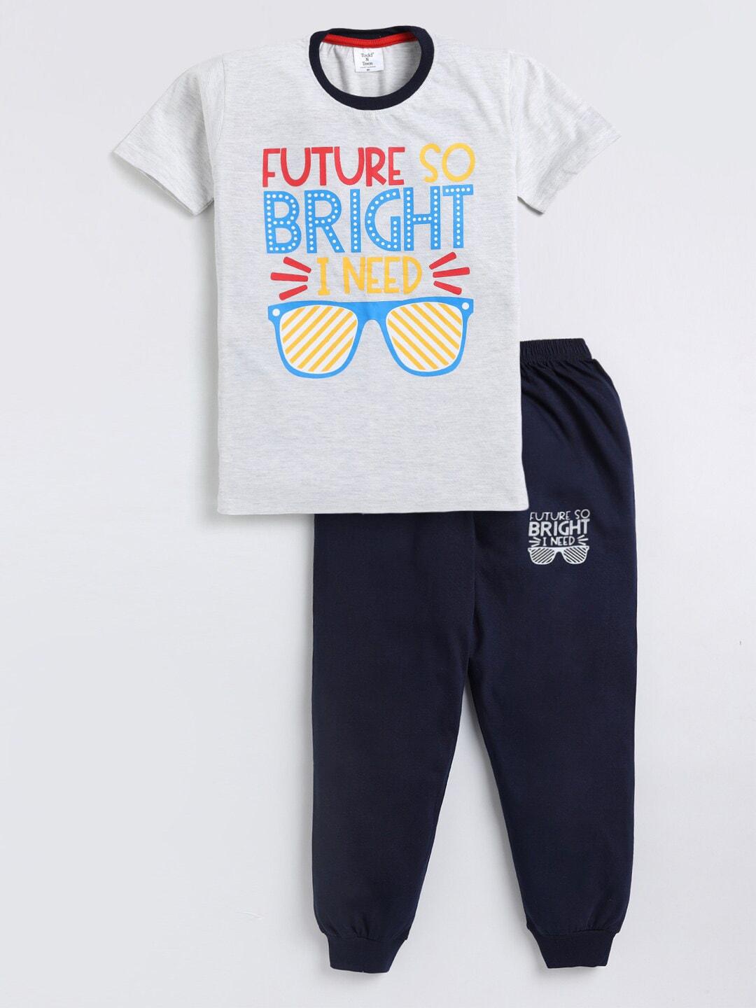 Todd N Teen Boys Grey & Navy Blue Printed Pure Cotton T-shirt with Trousers