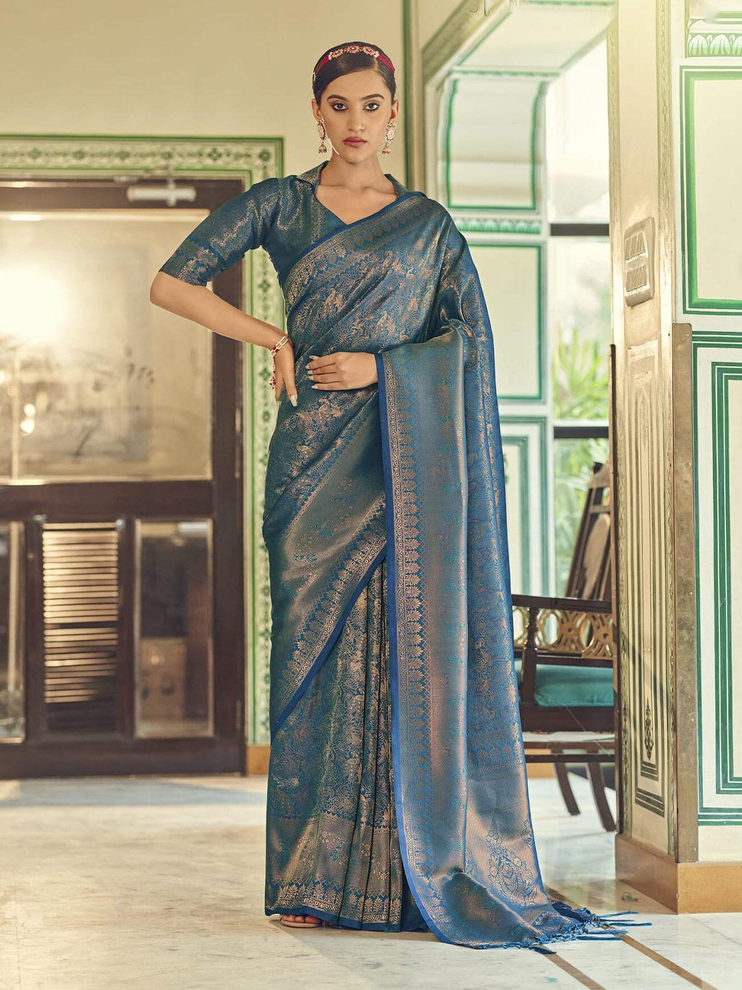 elora-teal-&-gold-toned-ethnic-motifs-zari-silk-blend-saree