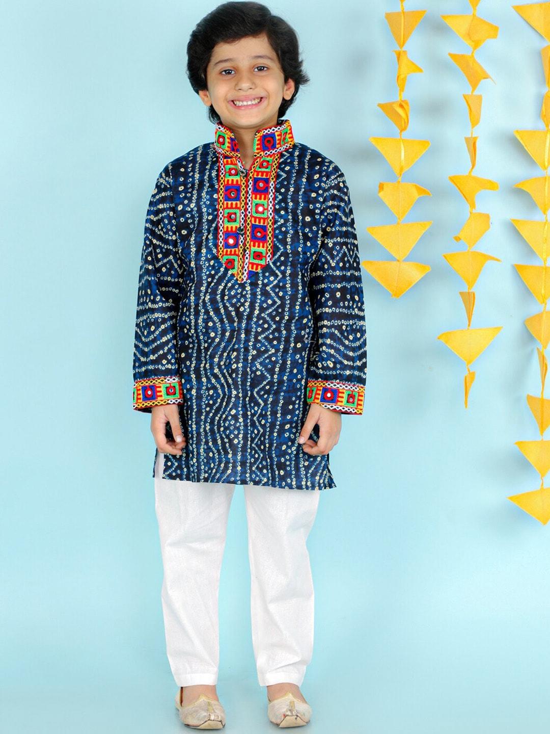 KID1 Boys Blue Ethnic Motifs Printed Thread Work Pure Cotton Kurta with Pyjamas