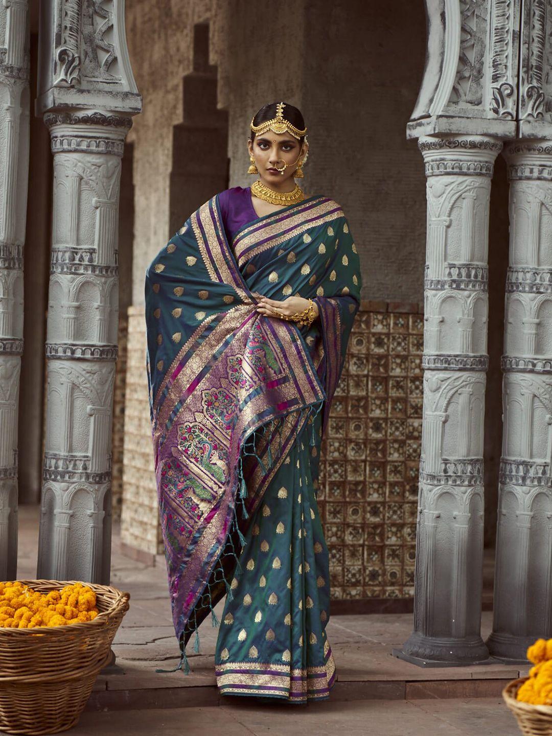 elora-turquoise-blue-&-gold-toned-ethnic-motifs-zari-silk-blend-banarasi-saree