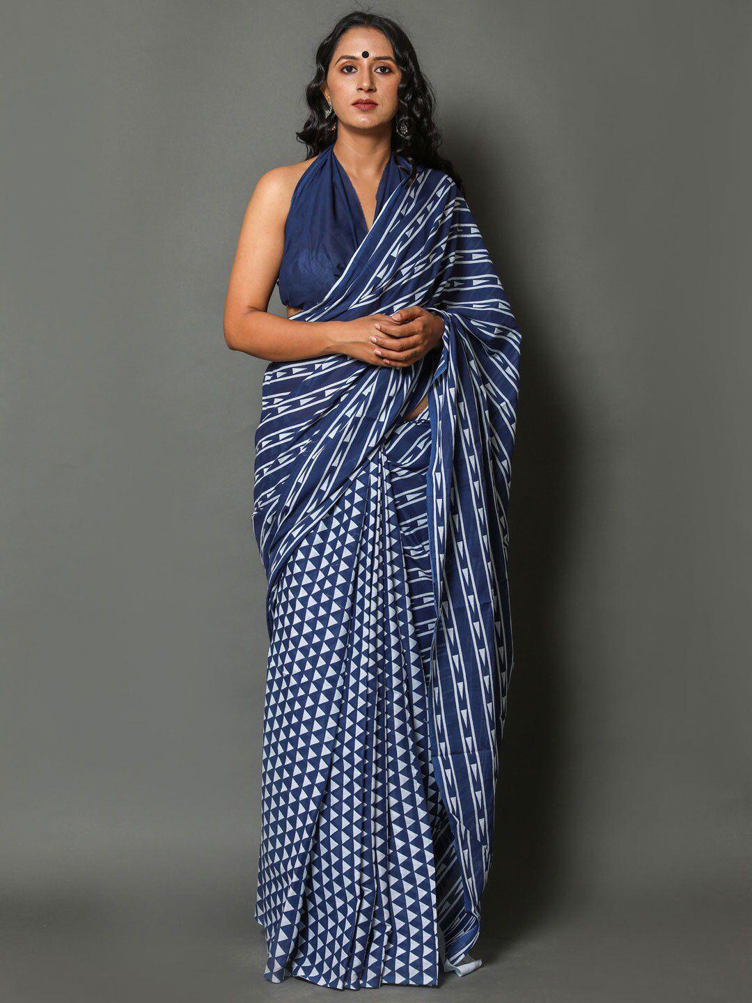 buta-buti-blue-&-white-geometric-printed-pure-cotton-saree