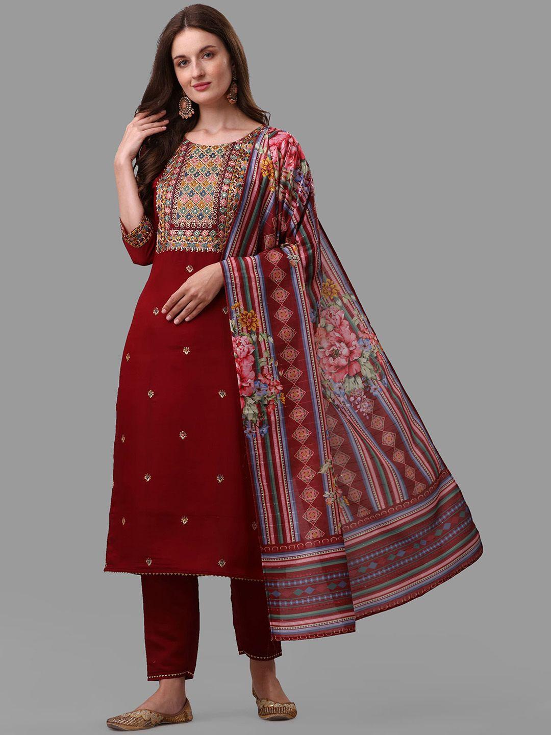 Berrylicious Women Maroon Floral Embroidered Chanderi Cotton Kurta with Trousers & With Dupatta