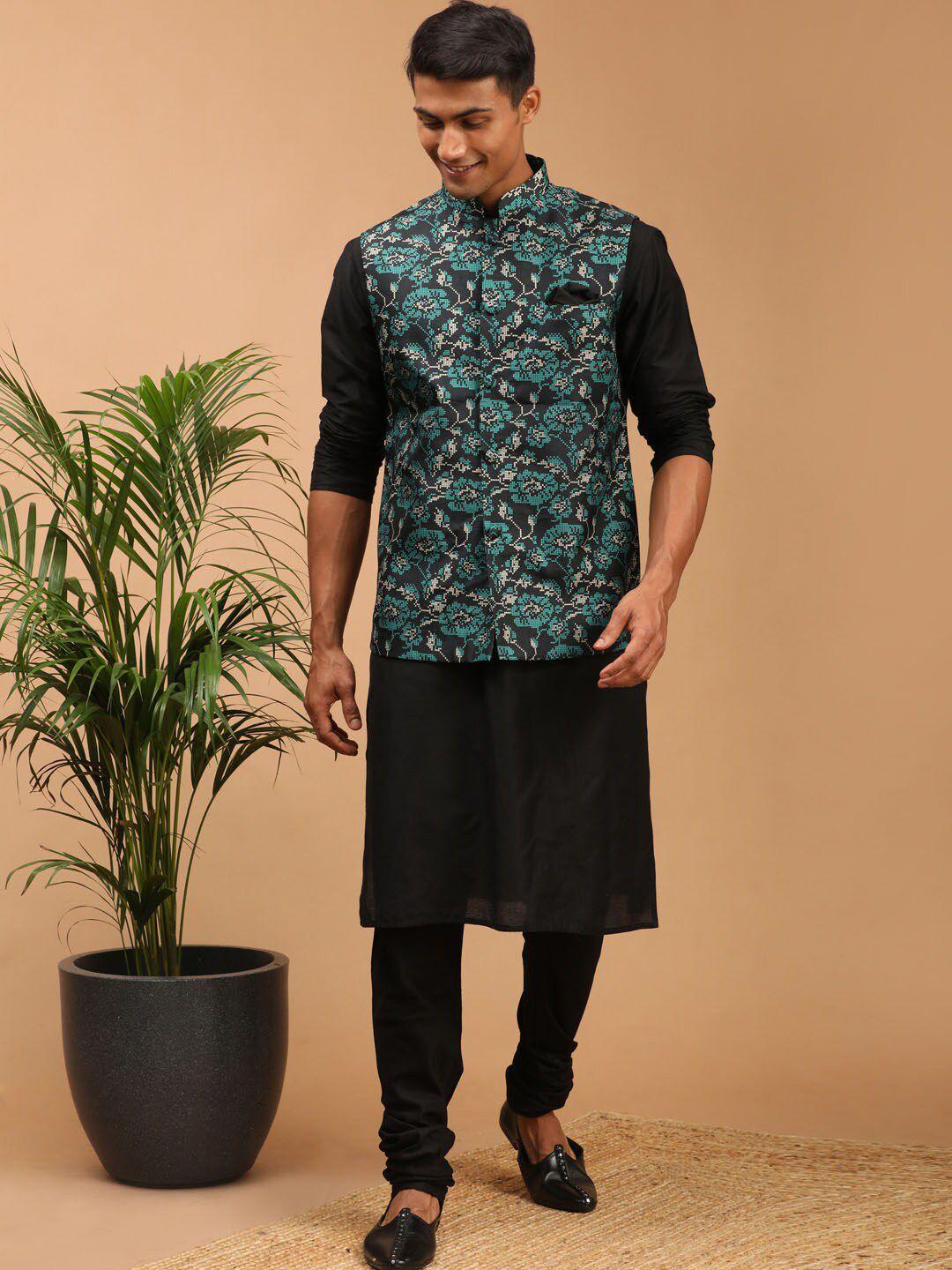 vastramay-men-black-&-green-solid-kurta-with-churidar-&-printed-nehru-jacket