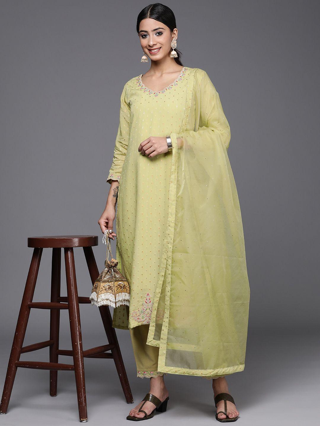 Indo Era Women Embroidered Thread Work Chanderi Silk Kurta with Trousers & With Dupatta