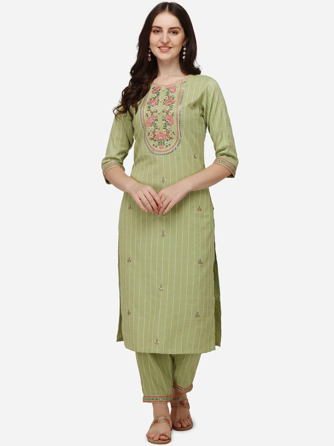Berrylicious Women Green Floral Embroidered Thread Work Pure Cotton Kurta with Trousers & With Dupatta