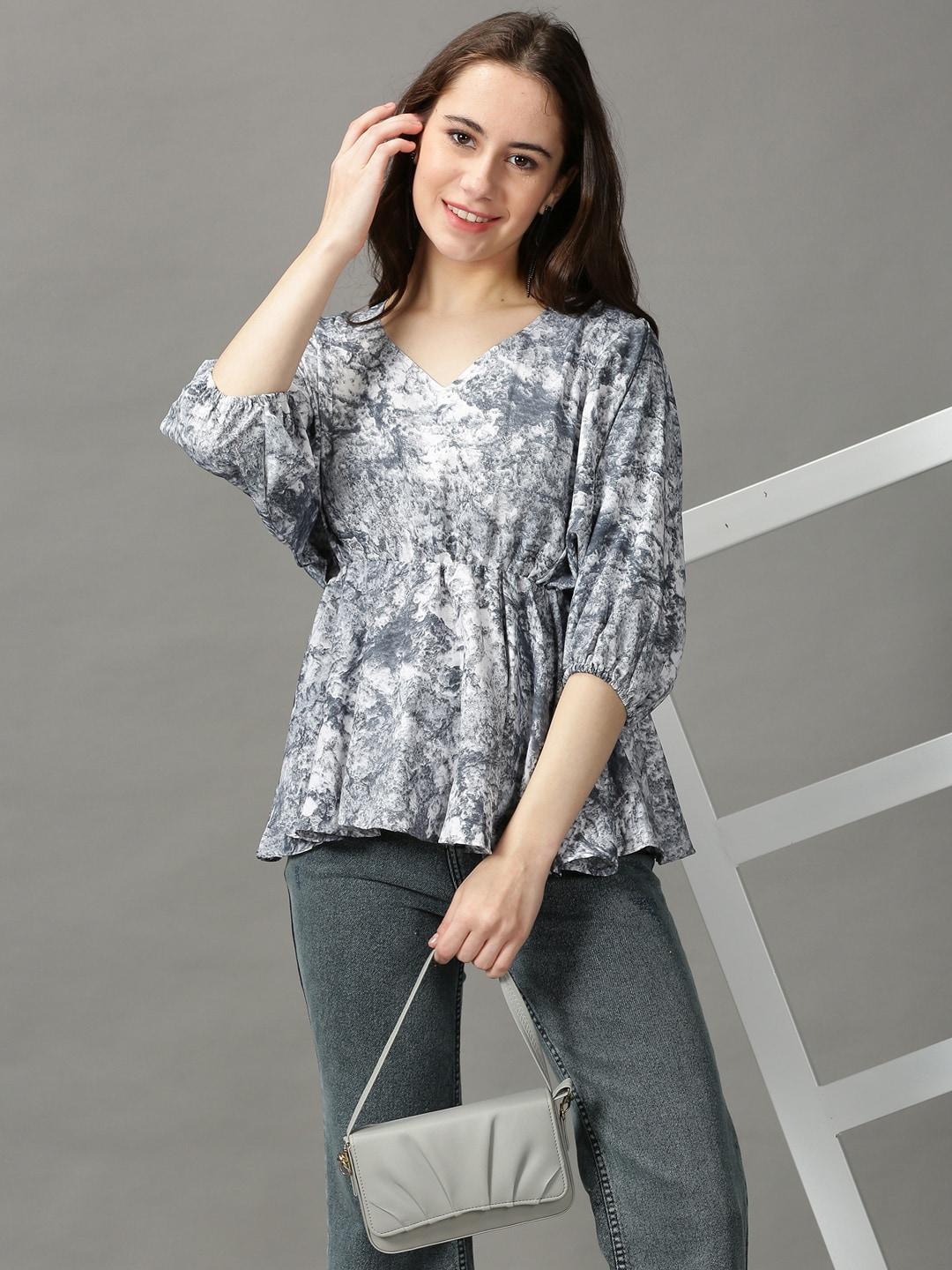 SHOWOFF Grey & Off White Print Crepe Empire Top