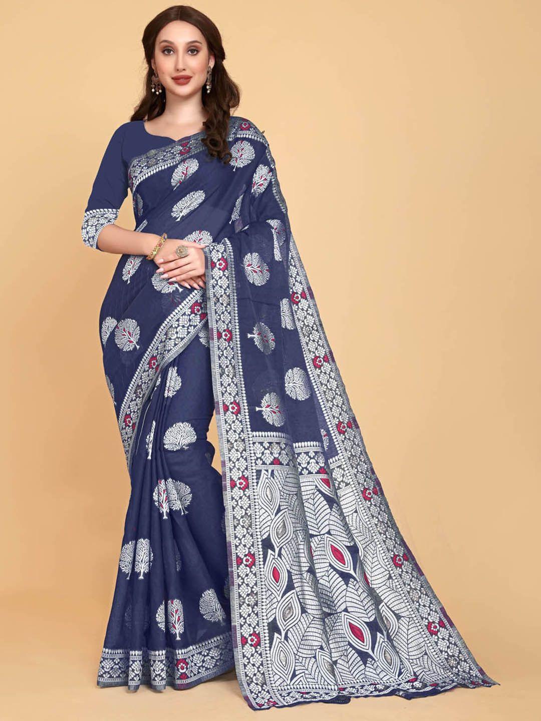 BESUCHER Navy Blue & Red Woven Design Zari Silk Cotton Jamdani Saree