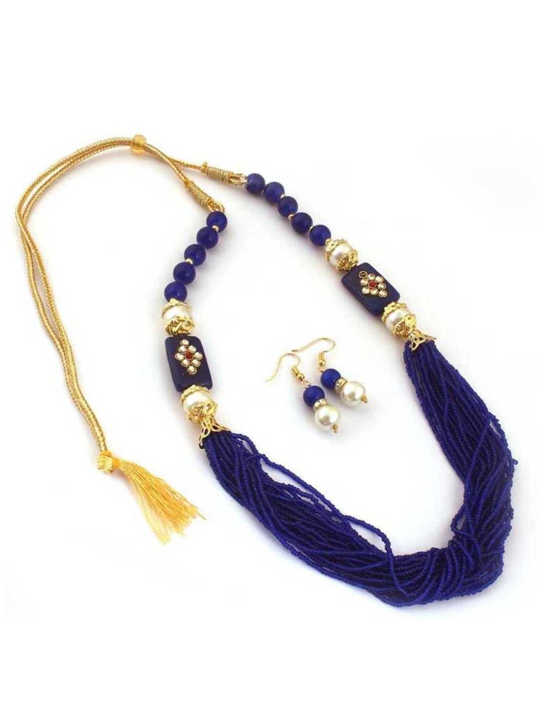 Jewar Mandi Gold-Plated & Blue Pearls Studded & Beaded Jewellery Set