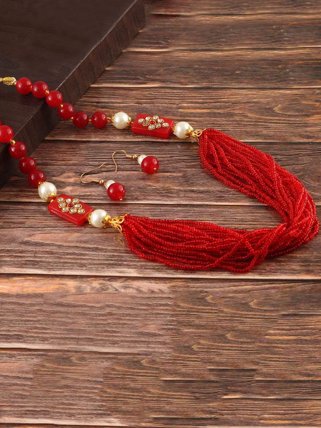 Jewar Mandi Gold-Plated Red Kundan-Studded & Pearl-Beaded Jewellery Set