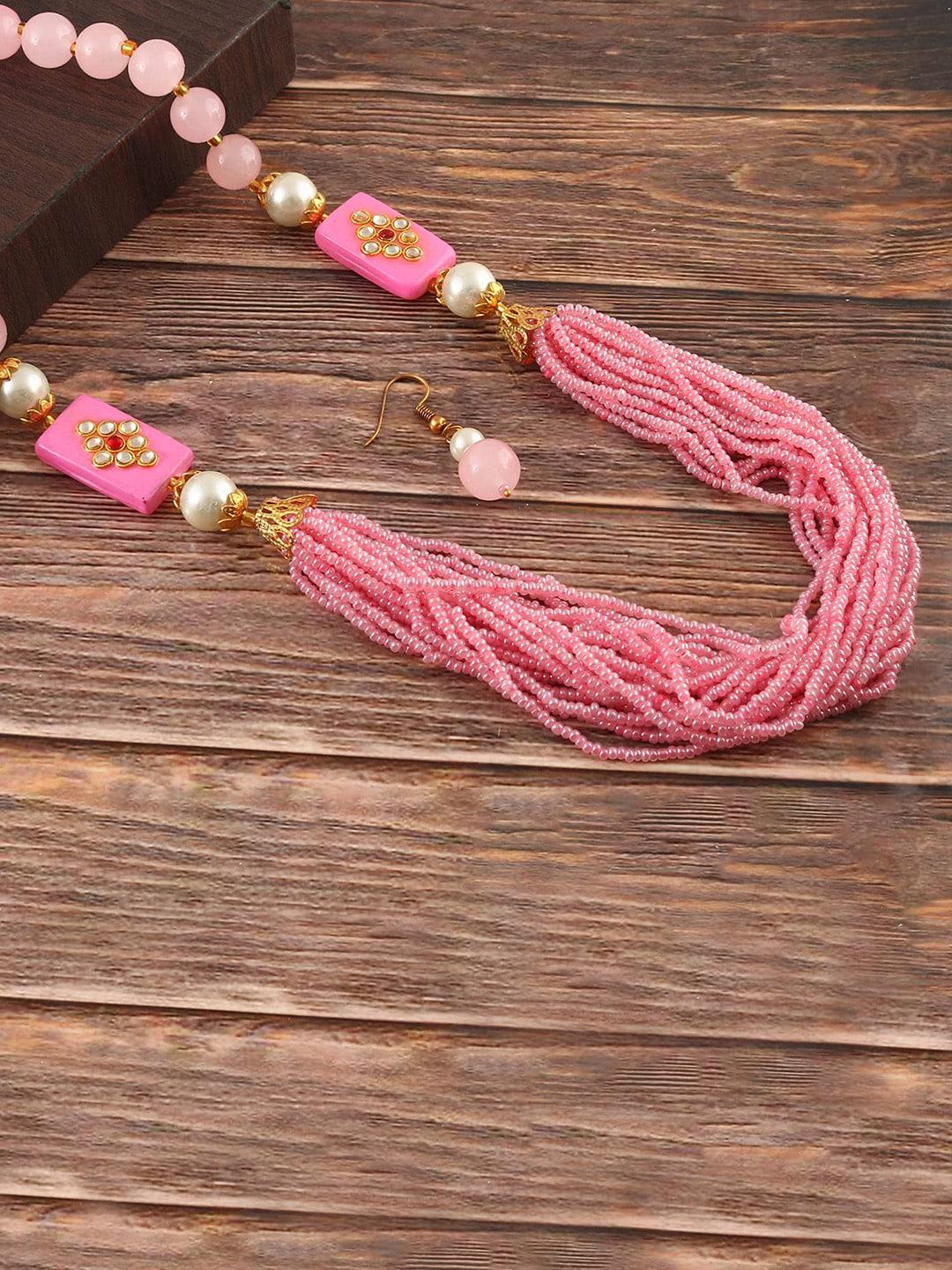 Jewar Mandi Gold-Plated Pink  Pearls-Beaded Jewellery Set