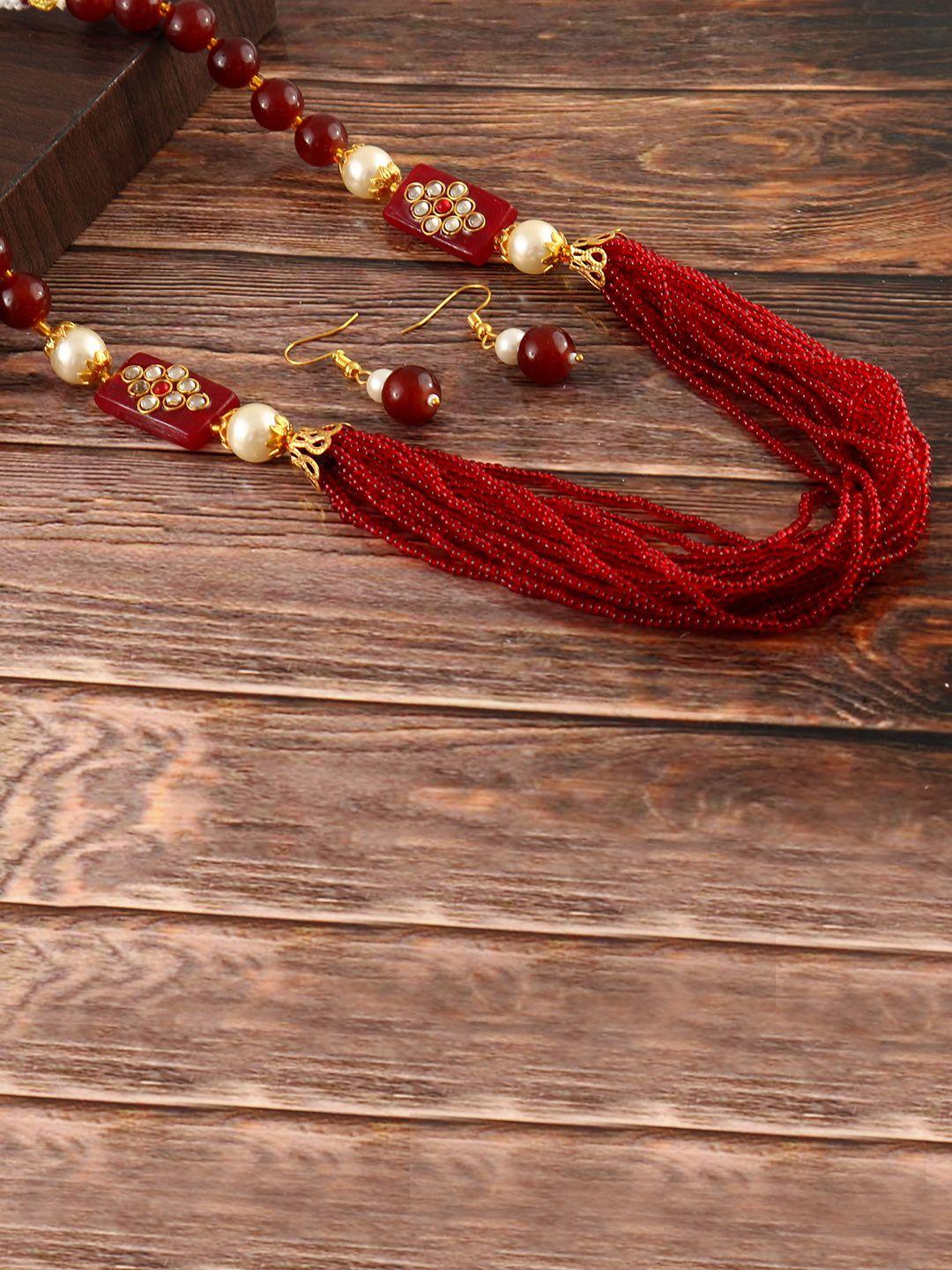 Jewar Mandi Gold-Plated Maroon Kundan-Studded & Pearl Beaded Jewellery Set